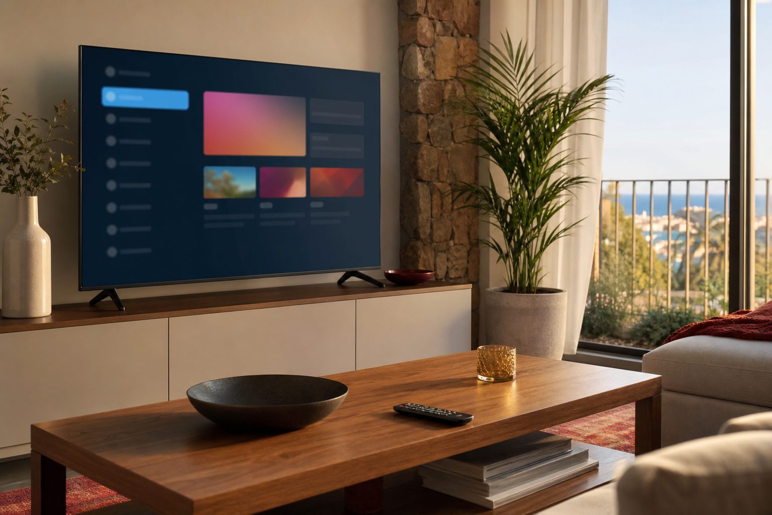 Smart TV en un salón mediterráneo preparada para IPTV España
