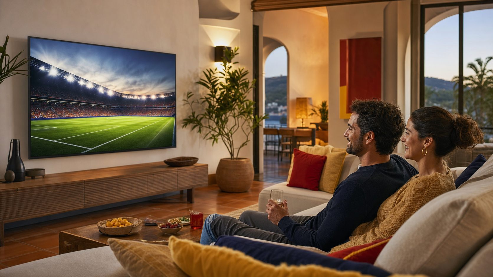 Pareja disfrutando del fútbol en una Smart TV en España
