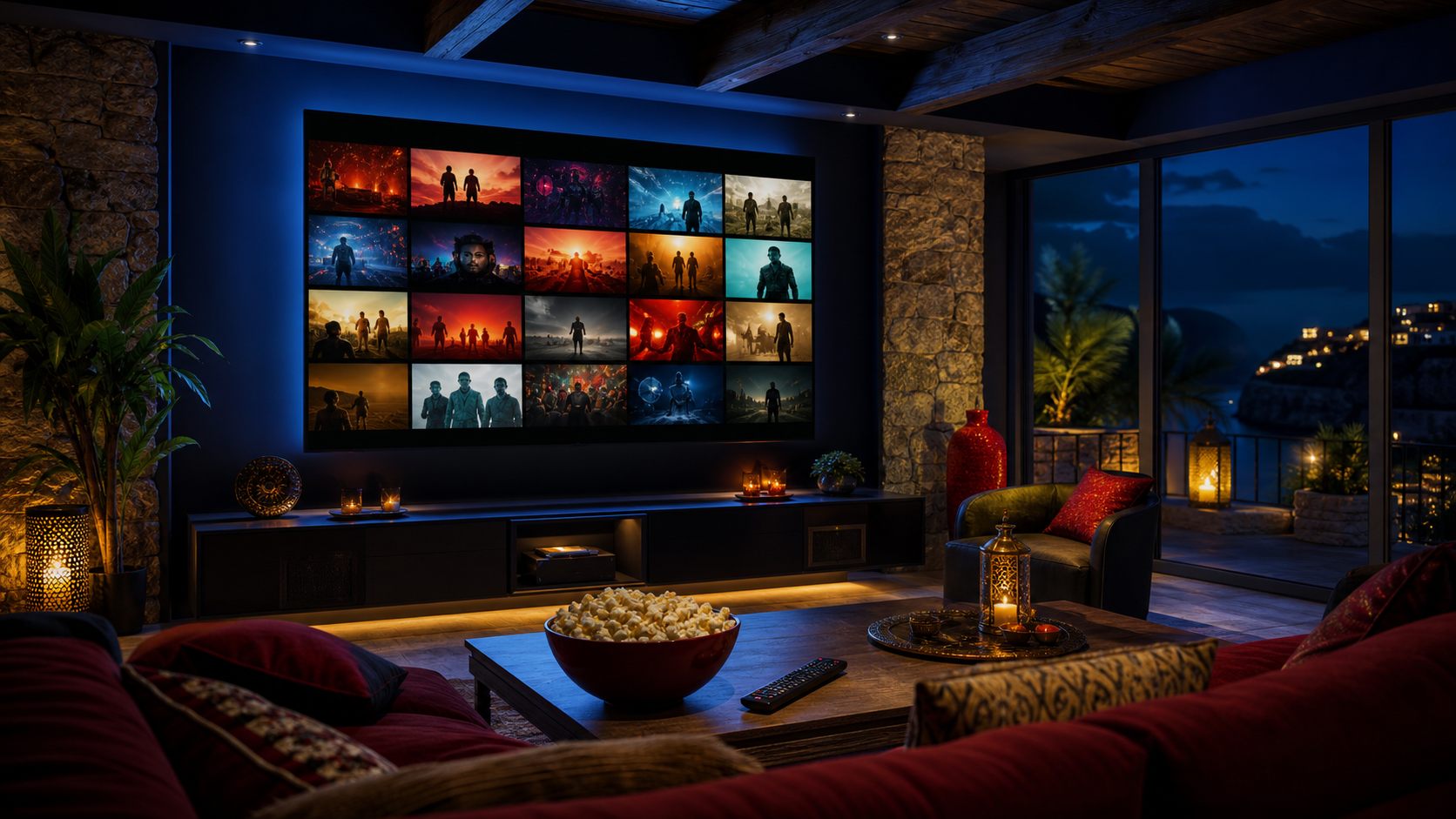 Sala de cine en casa con catálogo visual de películas y series