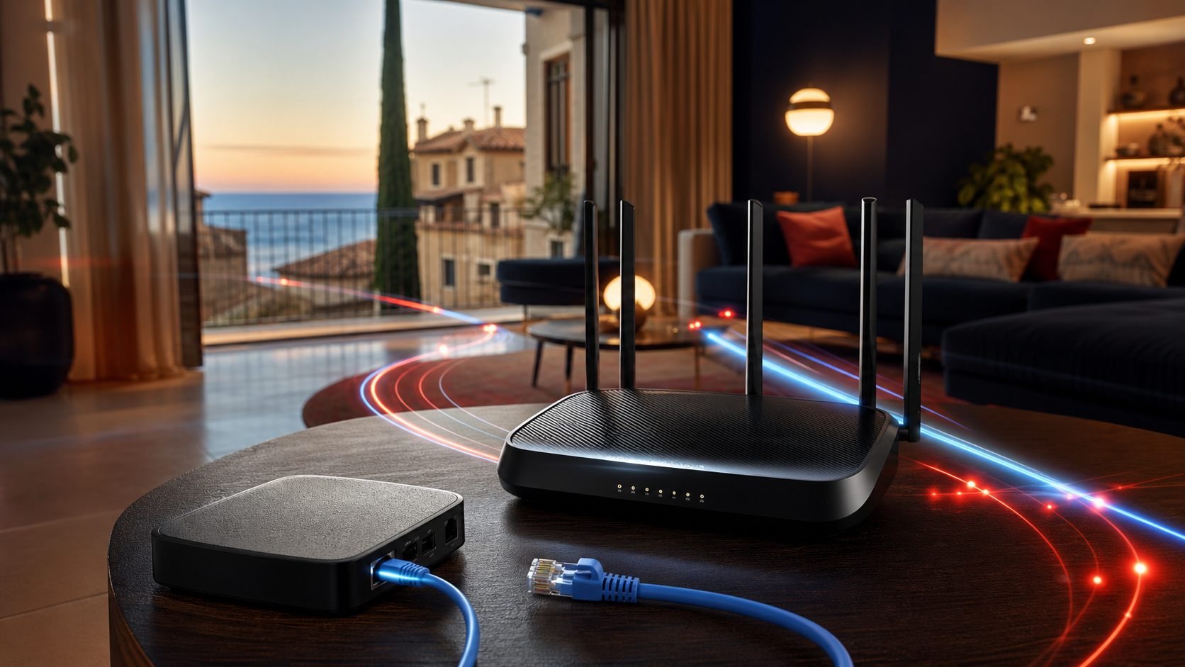 Router y cable Ethernet preparados para una conexión estable