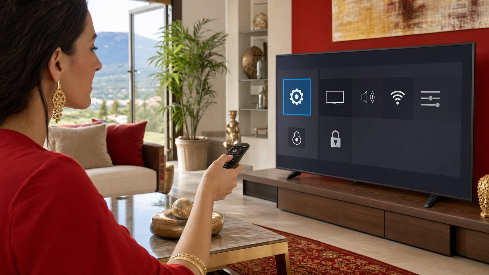 Mujer comprobando los ajustes de su Smart TV